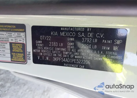 2023 Kia Forte Gt-Line из США, поврежденный, VIN 3KPF54AD1PE522206